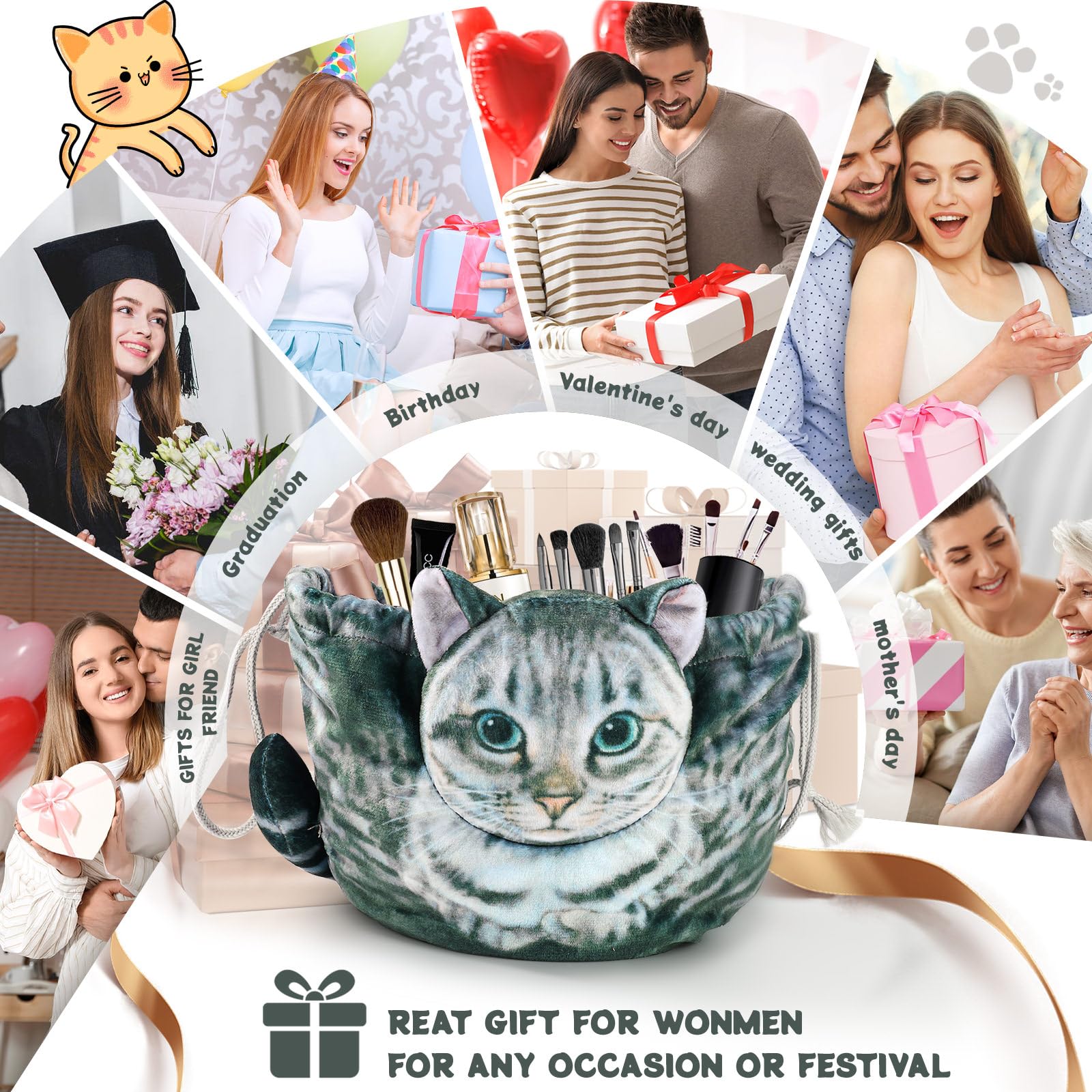Stylish Grey Tabby Cat Shaped Drawstring Makeup Bag for Women - Cute Cosmetic Case | Perfect for Travel, Gym & Daily Organizer