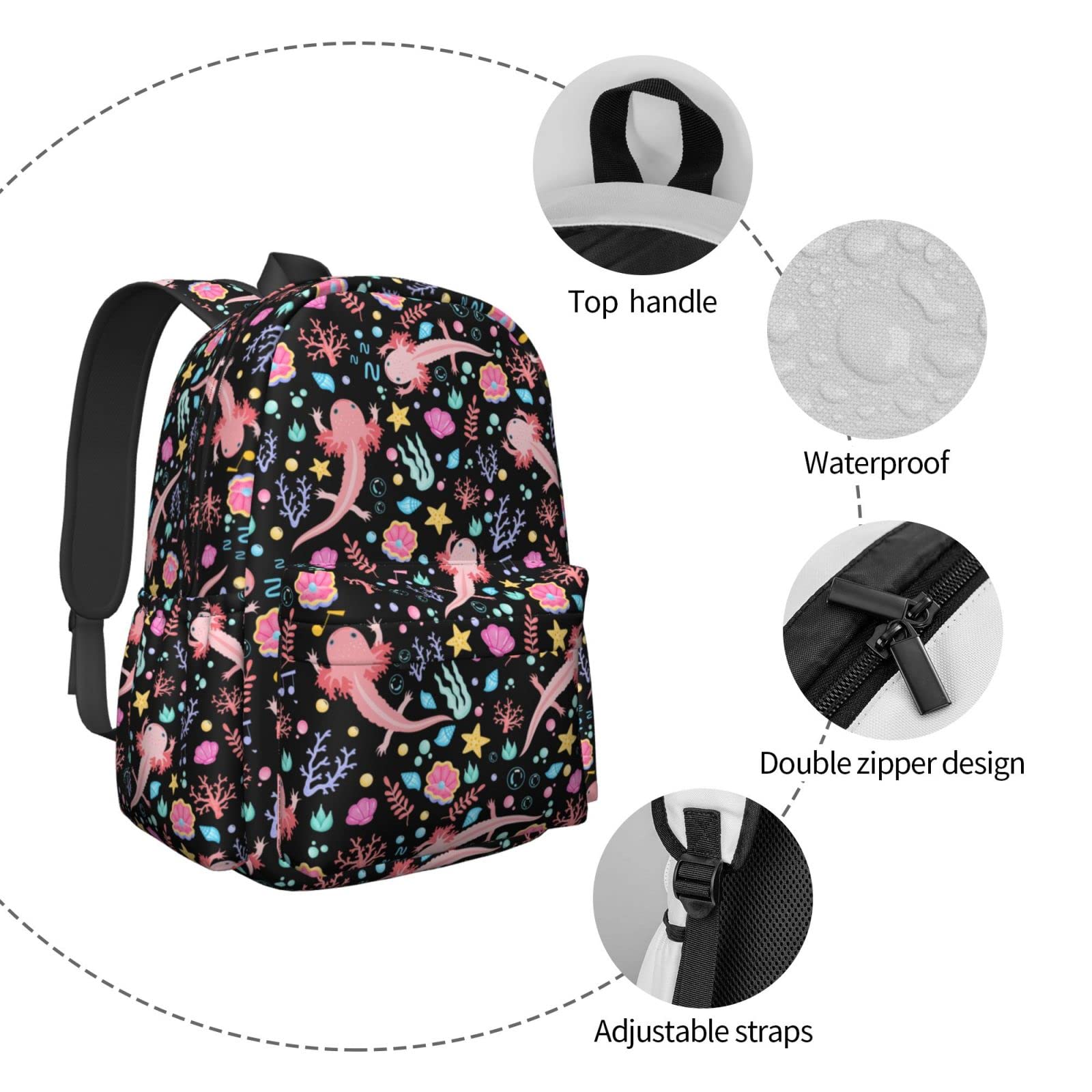 Stylish Axolotl Print Backpack with Adjustable Padded Shoulder Straps - Lightweight College Daypack for Travel, School & Work - Perfect for Students, Commuters & Outdoor Adventures