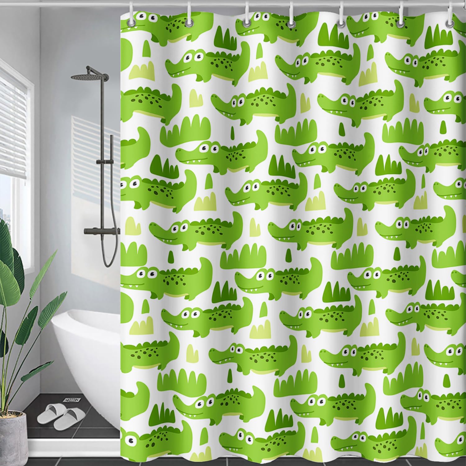 Cute Cartoon Crocodile Shower Curtain Set - 60x72 Inch Green Alligator Bathroom Curtain with Hooks, Washable Fabric for Kids & Boys - Perfect for Jungle Themed Bathrooms and Kids' Bathroom Decor