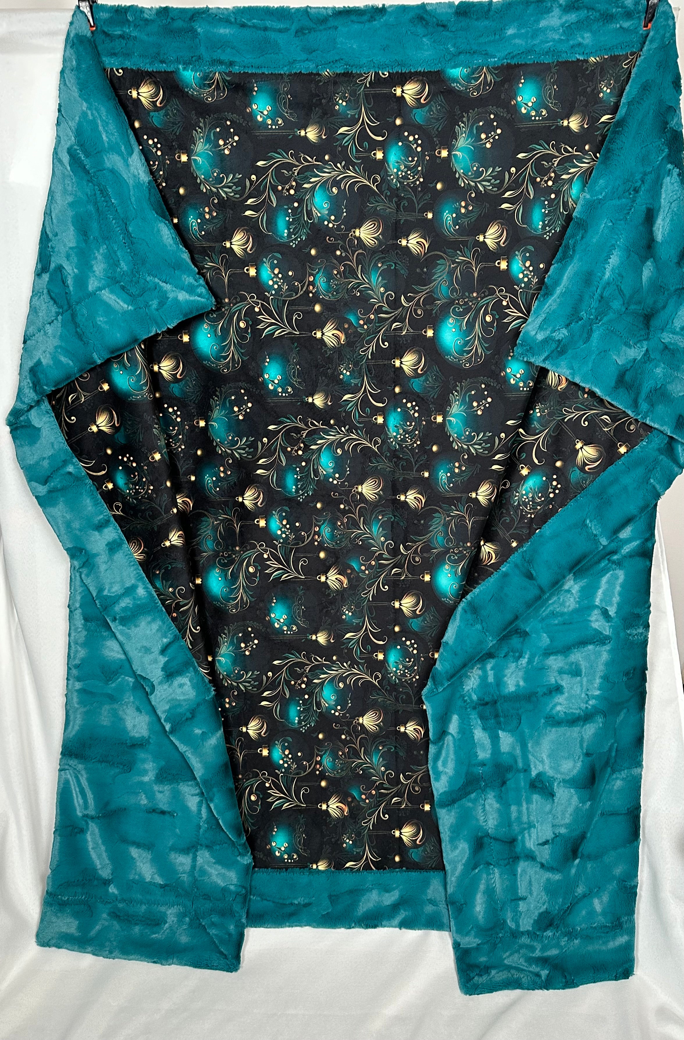 Teal and Gold Christmas Ornaments Wide Large 61x77 Minky Blanket with 15x24 Pillowcase - Soft Holiday Decor for Bedroom, Living Room & Cozy Gift