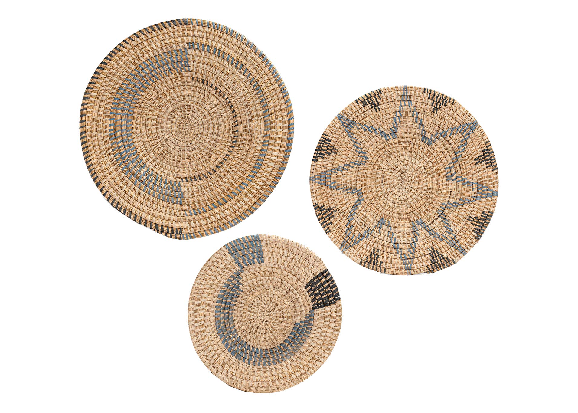 All Across Africa Set of 3 Boho Woven Wall Plates - Natural Raffia Hanging Wall Decor with Easy Hang Loops | Arona Light Blue | Perfect for Living Room, Bedroom or Boho Home Decor