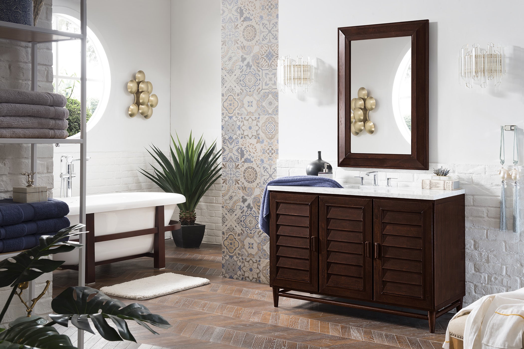 Portland 48 Inch Single Bathroom Vanity with Burnished Mahogany Finish & 3CM Carrara Marble Top - Perfect for Modern Master Bathroom or Guest Bathroom Renovation