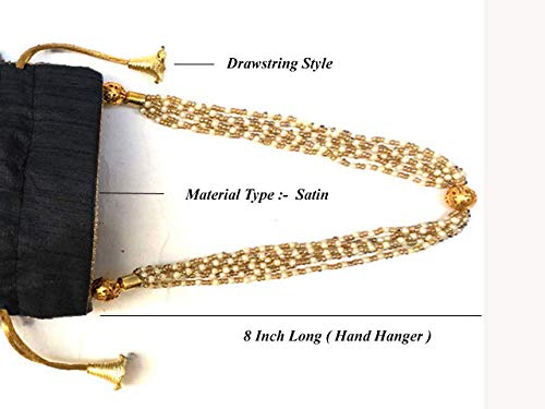 Elegant Black Jewelry Coin Pouch with Pearl Handle - Women's Batwa Wedding Potli Bag & Drawstring Clutch Purse (23x24cm) - Perfect for Bridal Accessories, Gift Giving & Special Occasions