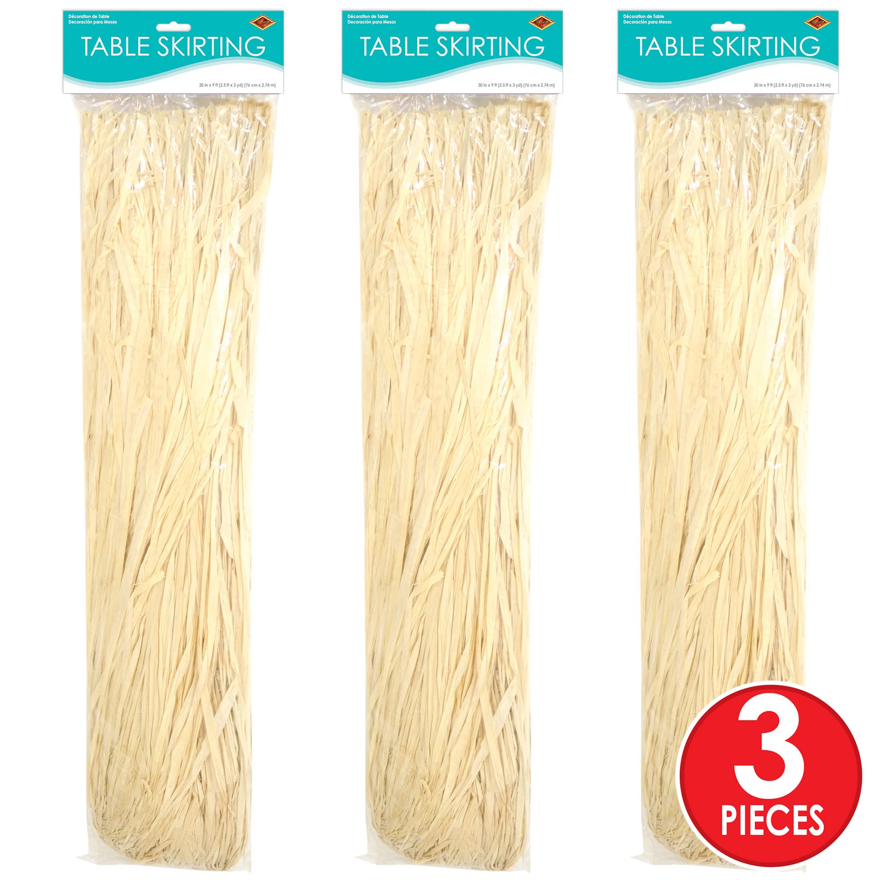 Beistle 3-Piece Natural Raffia Table Skirts for Hawaiian Luau Party Decorations, Tropical Beach Theme Tableware, 30
