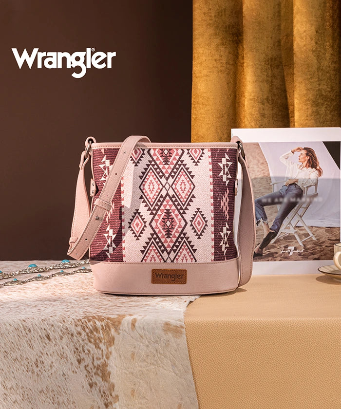 Wrangler Aztec Print Canvas Bucket Bag for Women - Stylish Crossbody Purse with Adjustable Strap, Perfect for Travel, Shopping & Everyday Use