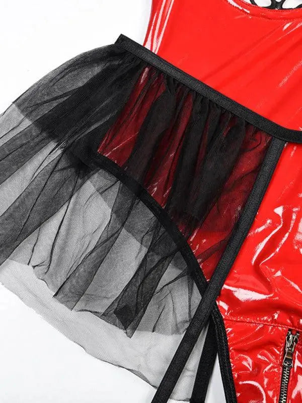 Sexy Halter Neck Leather Lingerie Bodysuit for Women - Black Mesh Grid Design - Perfect for Valentine's Day, Boudoir Photography & Role Play