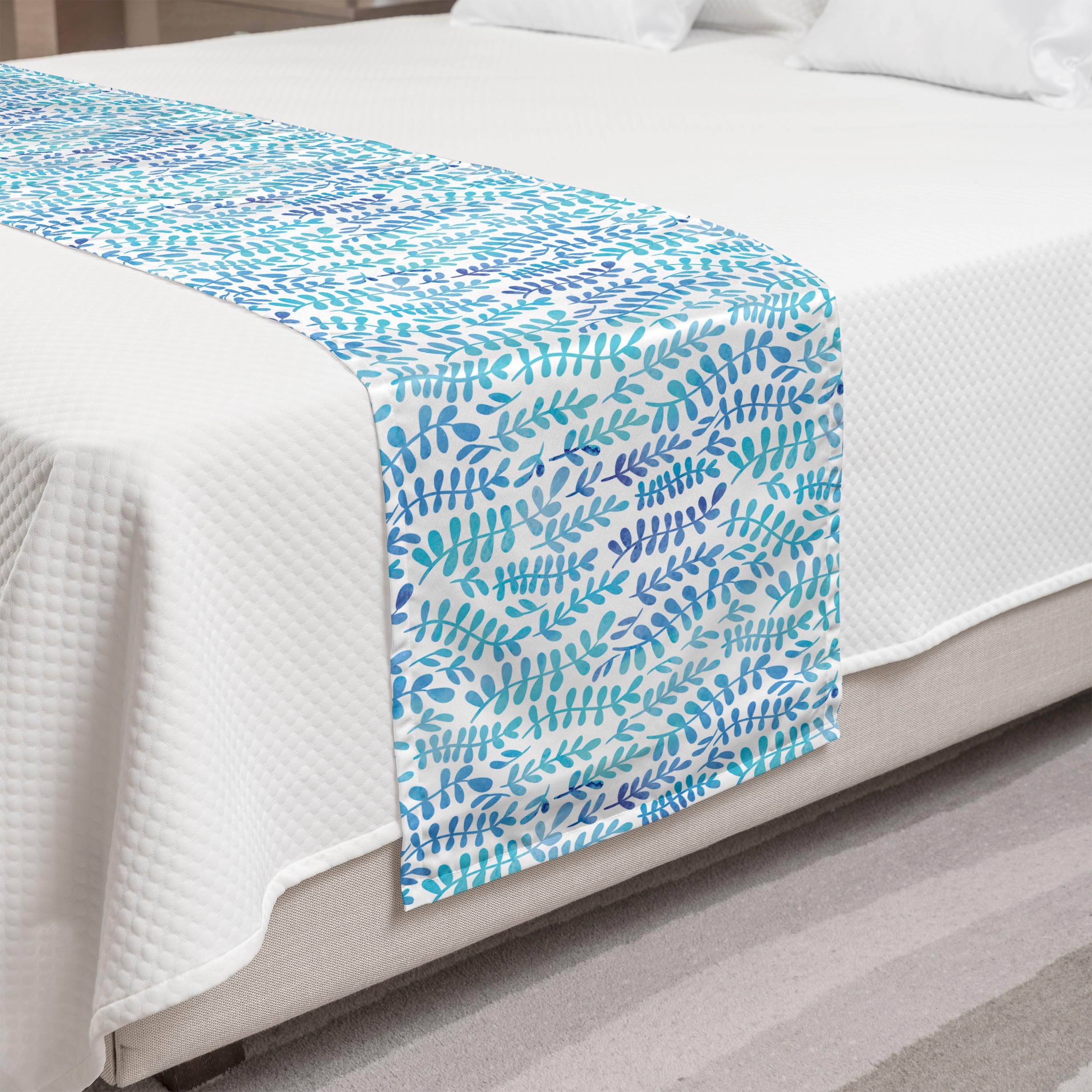 Ambesonne Botany Bed Runner - Watercolor Leafy Branch Design in Aqua & Violet Blue | Decorative Bed Scarf for Hotels, Homes & Guest Rooms | Perfect for Bedroom Decor, Wedding Accents & Cozy Home Styling