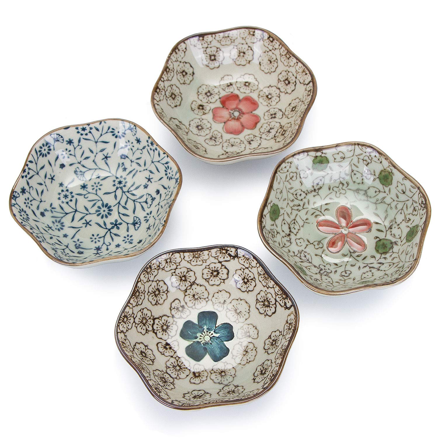 VanEnjoy 4-Piece Colorful Glazed Ceramic Soy Sauce Bowls - Floral Pattern Appetizer Plates, Condiment Dishes for Sushi, Dumplings & Asian Cuisine Serving