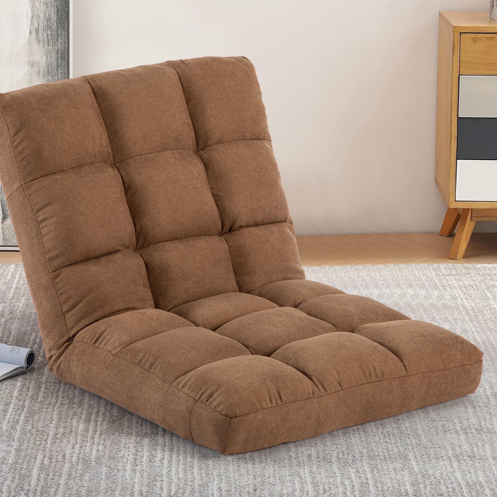 Adjustable Floor Chair with Back Support - 6-Position Folding Floor Chair for Gaming, Meditation & Relaxation - Padded Sleeper Bed for Adults in Rustic Tan - Perfect for Small Spaces, Living Rooms & Bedrooms