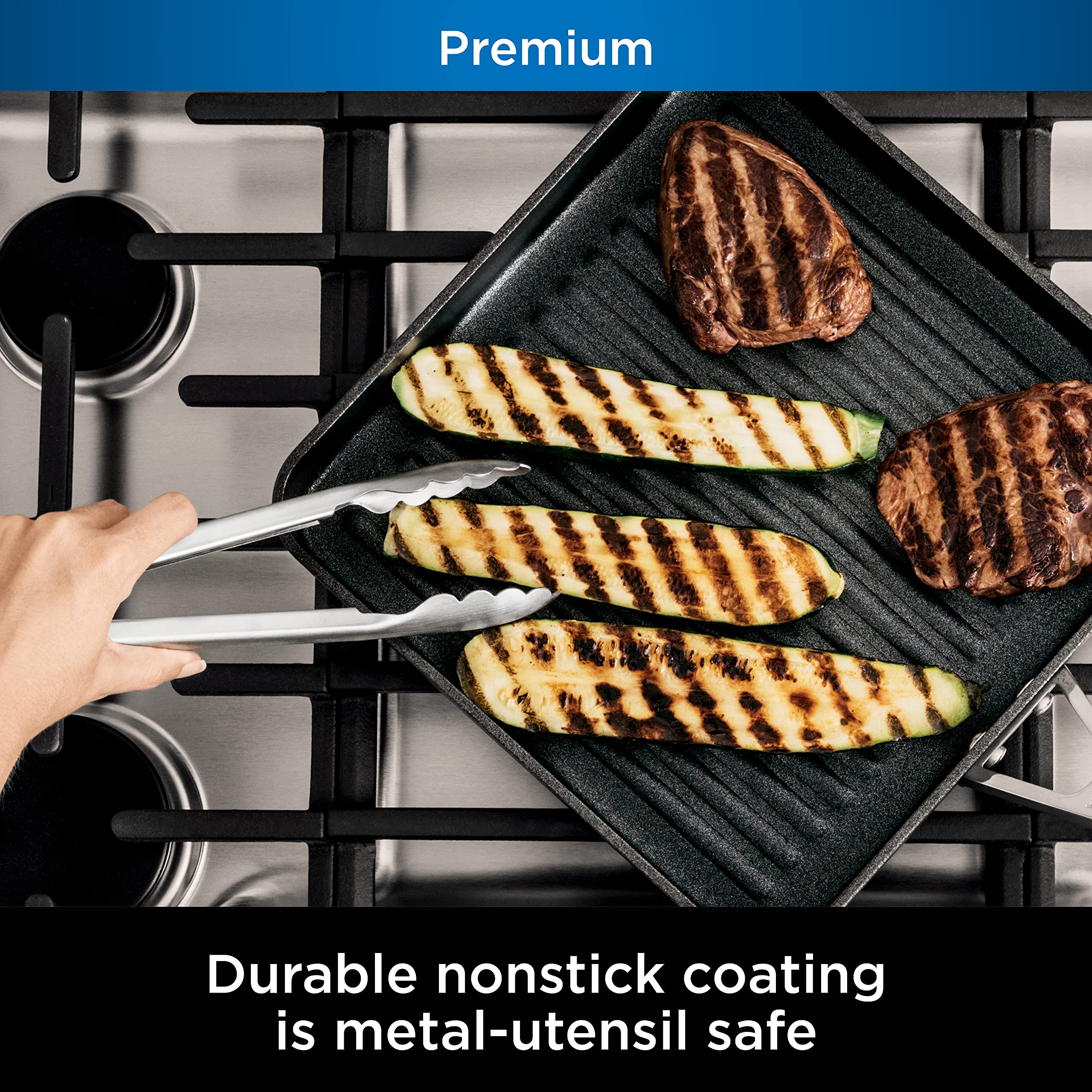 Ninja C30528 Foodi NeverStick Premium 11-Inch Square Grill Pan - Hard-Anodized, Nonstick Cookware, Oven Safe to 500°F, Durable Slate Grey - Perfect for Grilling Steaks, Burgers, and Vegetables Indoor or Outdoor Cooking