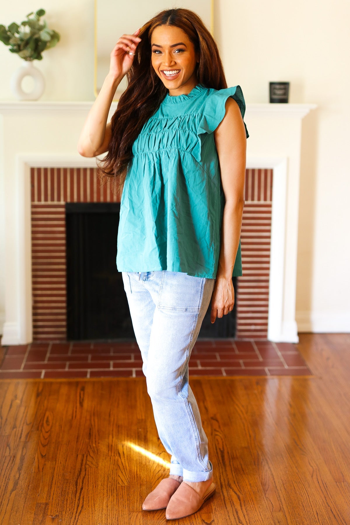 Stylish Turquoise Cotton Mock Neck Flutter Sleeve Blouse with Frill Details - Perfect for Date Nights, Office Wear & Summer Outfits