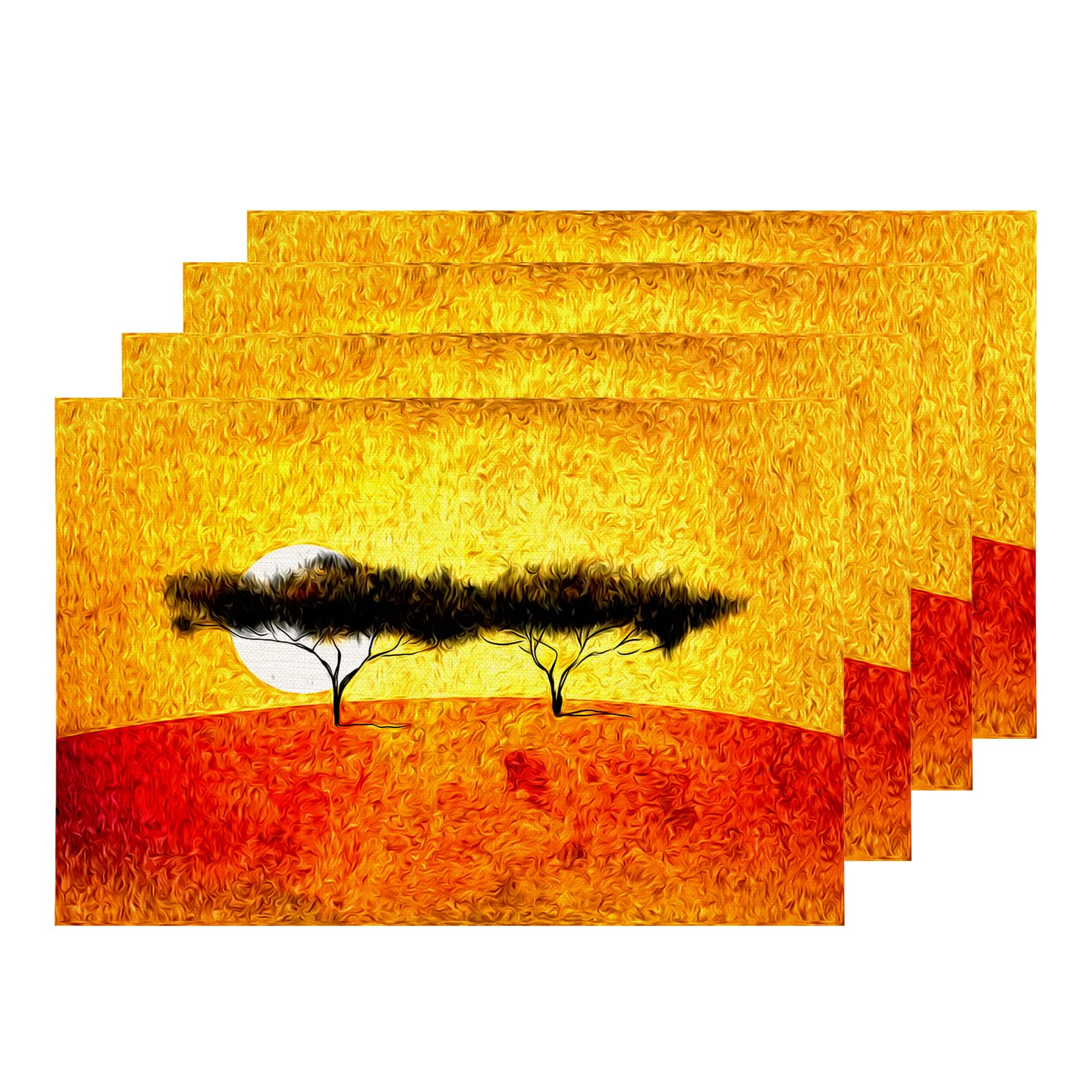 Shrahala Yellow & Orange African Ethnic Oil Tree Painting Placemats - Set of 4 Washable Linen Burlap Table Mats (12x16 Inch) for Dining & Kitchen - Double-Layer Heat Insulation for Hot Dishes & Stylish Home Decor