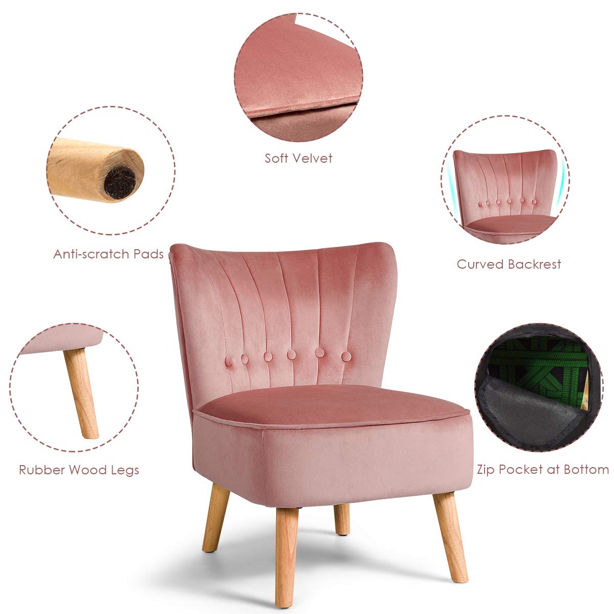 Giantex Modern Velvet Accent Chair - Pink Small Upholstered Armless Wingback Sofa with Wood Legs, Thick Padded Button Tufted Design for Living Room, Bedroom, Office or Reading Nook | Comfortable Lounge Chair for Relaxing & Home Decor