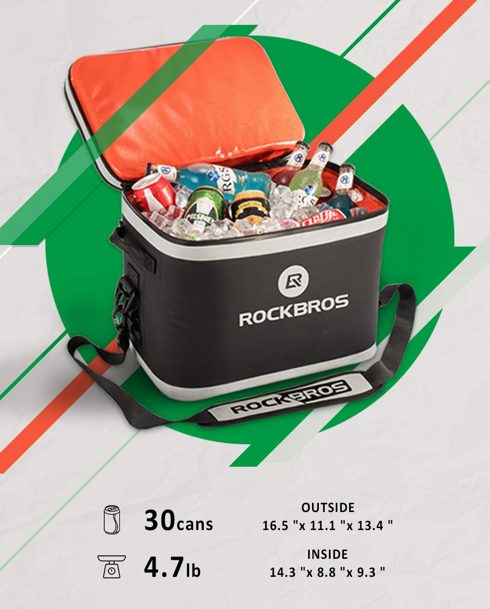 Rock BROS 30 Can Insulated Soft Cooler Bag - Leak Proof, Waterproof & Durable for Camping, Fishing, Beach, Golf & Picnics | Perfect for Outdoor Adventures, Tailgating & Road Trips