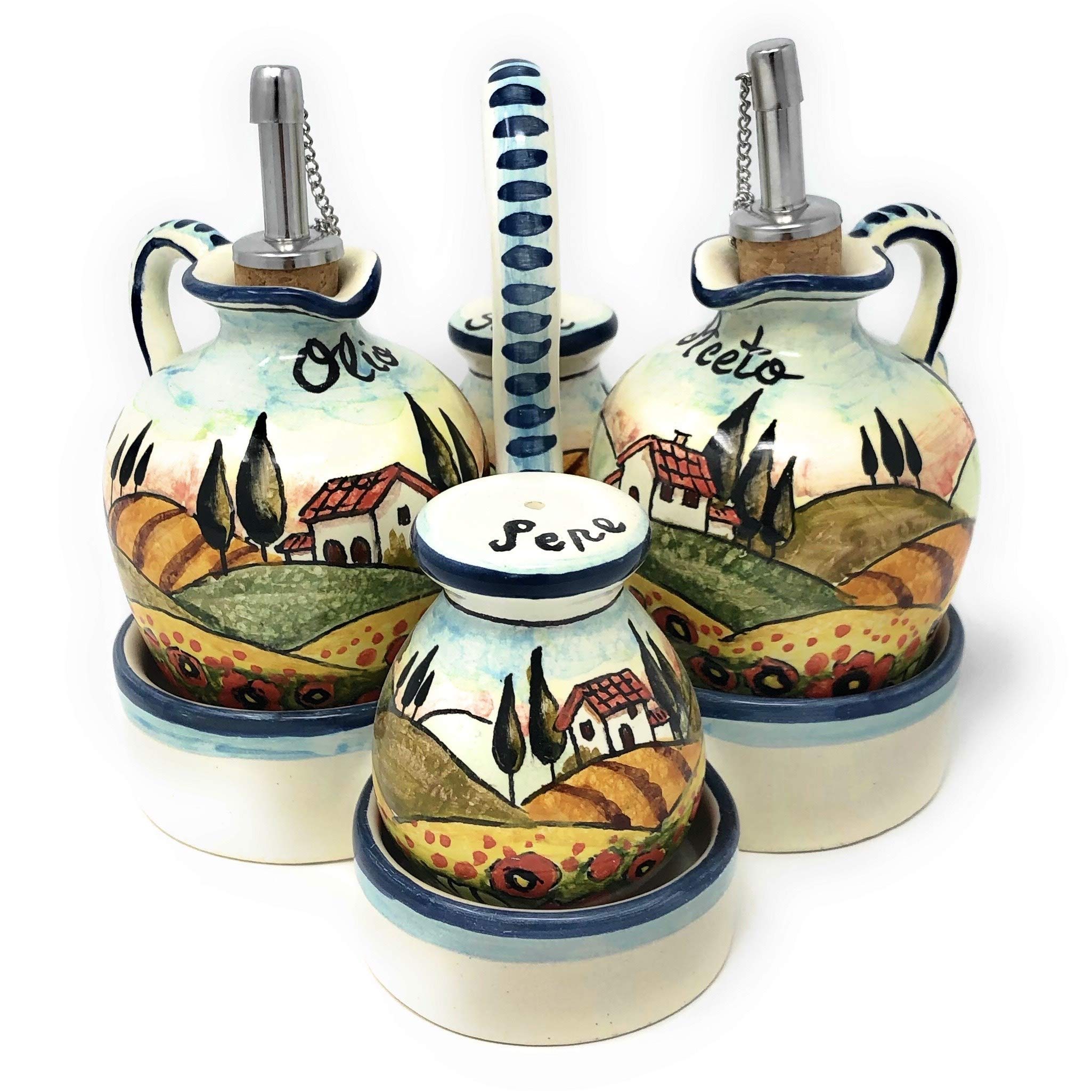 Hand-Painted Italian Ceramic Art Pottery Set - Tuscan Poppies Landscape Cruet for Oil, Vinegar, Salt & Pepper | Authentic Made in Italy Home & Kitchen Decor | Perfect for Tuscan-Themed Dining & Gift Giving