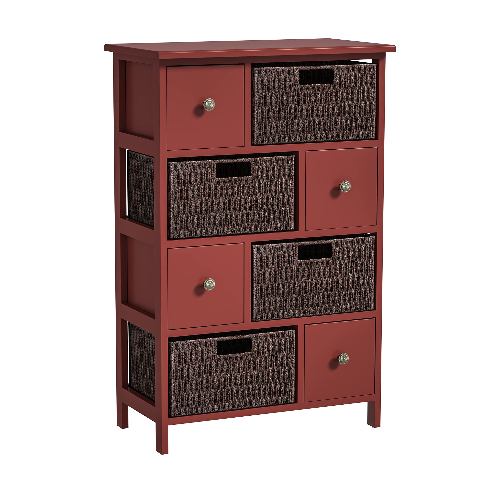 Modern Accent Storage Cabinet with 4 Drawers & 4 Wicker Baskets - Red Sideboard for Living Room, Bedroom & Entryway | Space-Saving Organizer for Home Decor, Shoes, Blankets & More