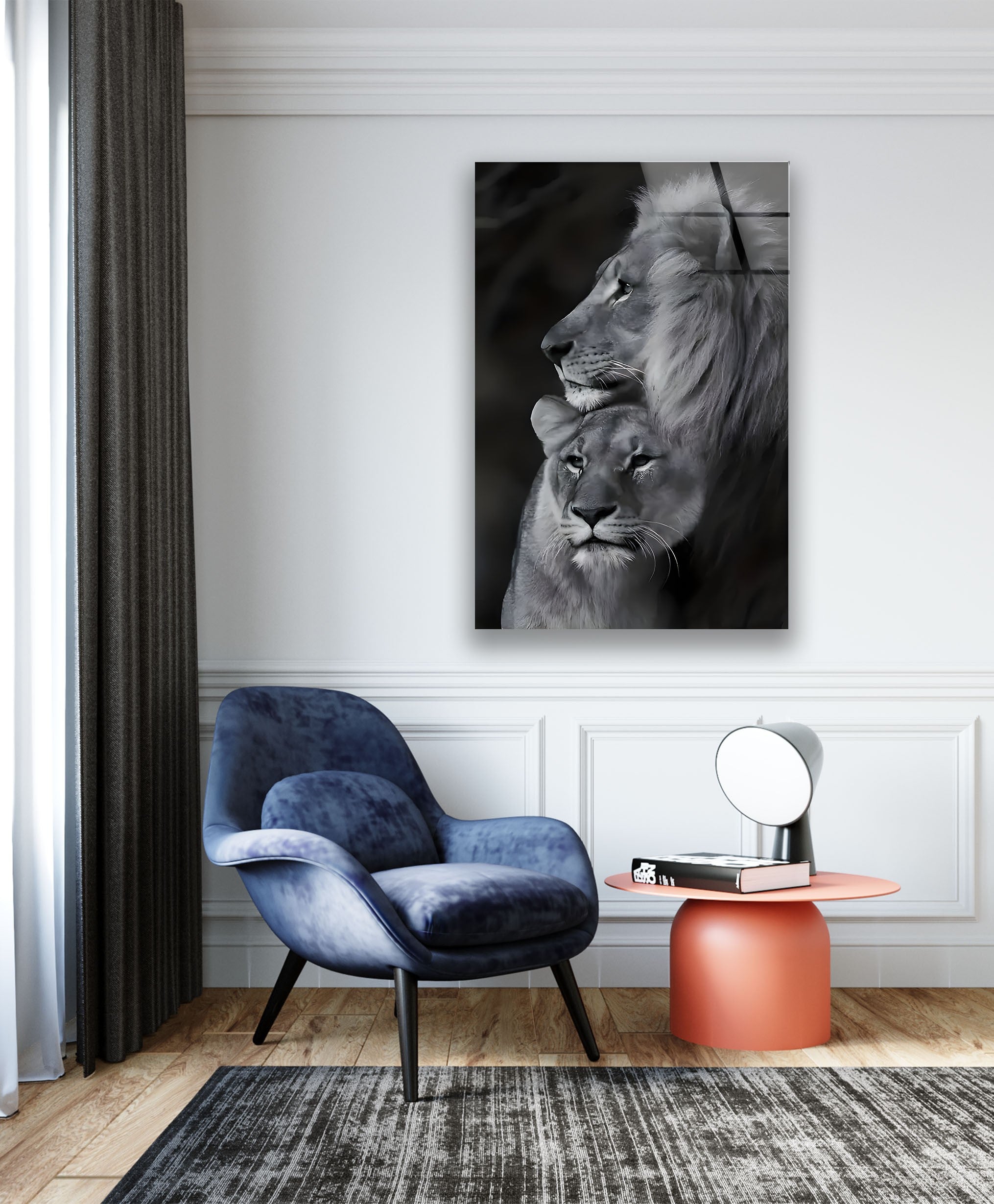 Black & White Lion Family Glass Wall Art - Elegant Home Decor for Living Room, Bedroom & Office - Perfect Gift for Animal Lovers