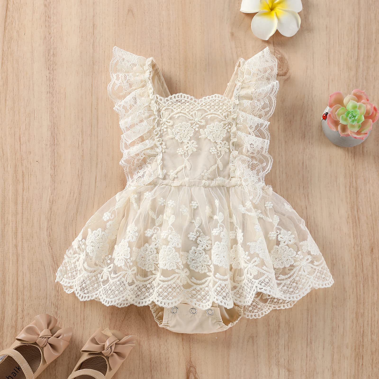 Newborn Baby Girl Romper - Lace Floral Embroidery Ruffle Sleeveless Backless Tutu Dress with Straps | Perfect for Photoshoots, Birthday Parties & Special Occasions
