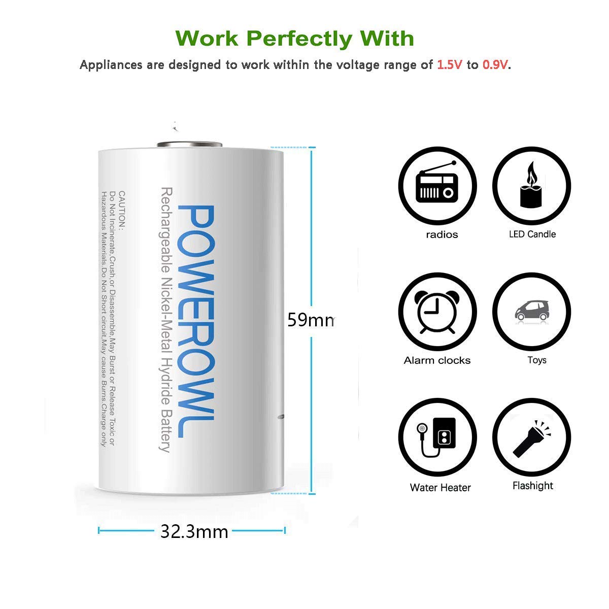 POWEROWL Rechargeable D Batteries 10000mAh - 4 Pack NiMH Low Self Discharge Pre-Charged Batteries for Flashlights, Toys, Radios & Emergency Devices - Universal Rechargeable Battery Solution