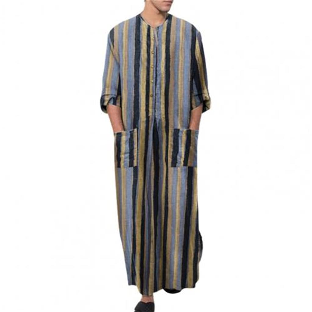 Men's Striped Soft Cotton Bathrobe - Single-Breasted Pocket Nightgown Dress Shirt for Home & Lounge Wear (Color C, Size 3XL) - Perfect for Relaxing at Home, Spa Days & Hotel Stays