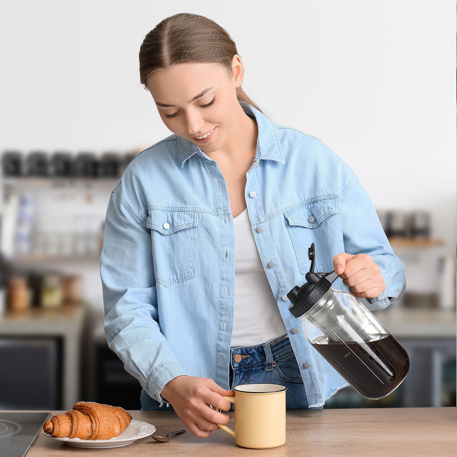 Premium DWTS DANWEITESI 64 oz Cold Brew Coffee Maker - 2-Quart Wide Mouth Mason Jar Pitcher with Stainless Steel Filter, Lid & Spout - Perfect for Iced Coffee, Cold Brew Concentrate & Homemade Coffee Drinks at Home, Office or Camping