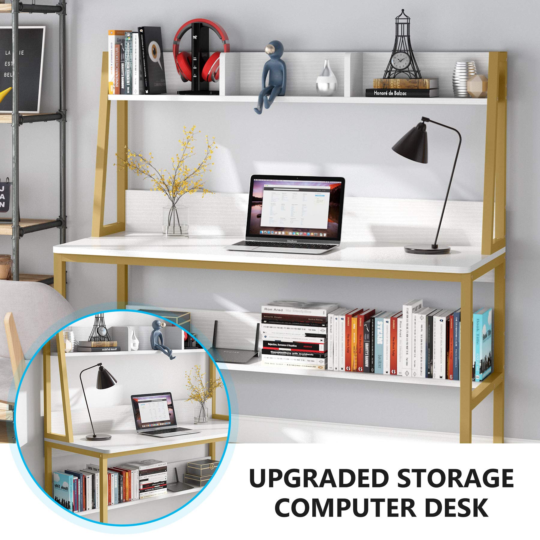 Tribesigns 47 Inch Modern Computer Desk with Hutch and Bookshelf - Home Office Writing Study Desk, Sturdy Workstation for Small Spaces (White) - Perfect for Remote Work, Online Classes & Home Office Setup