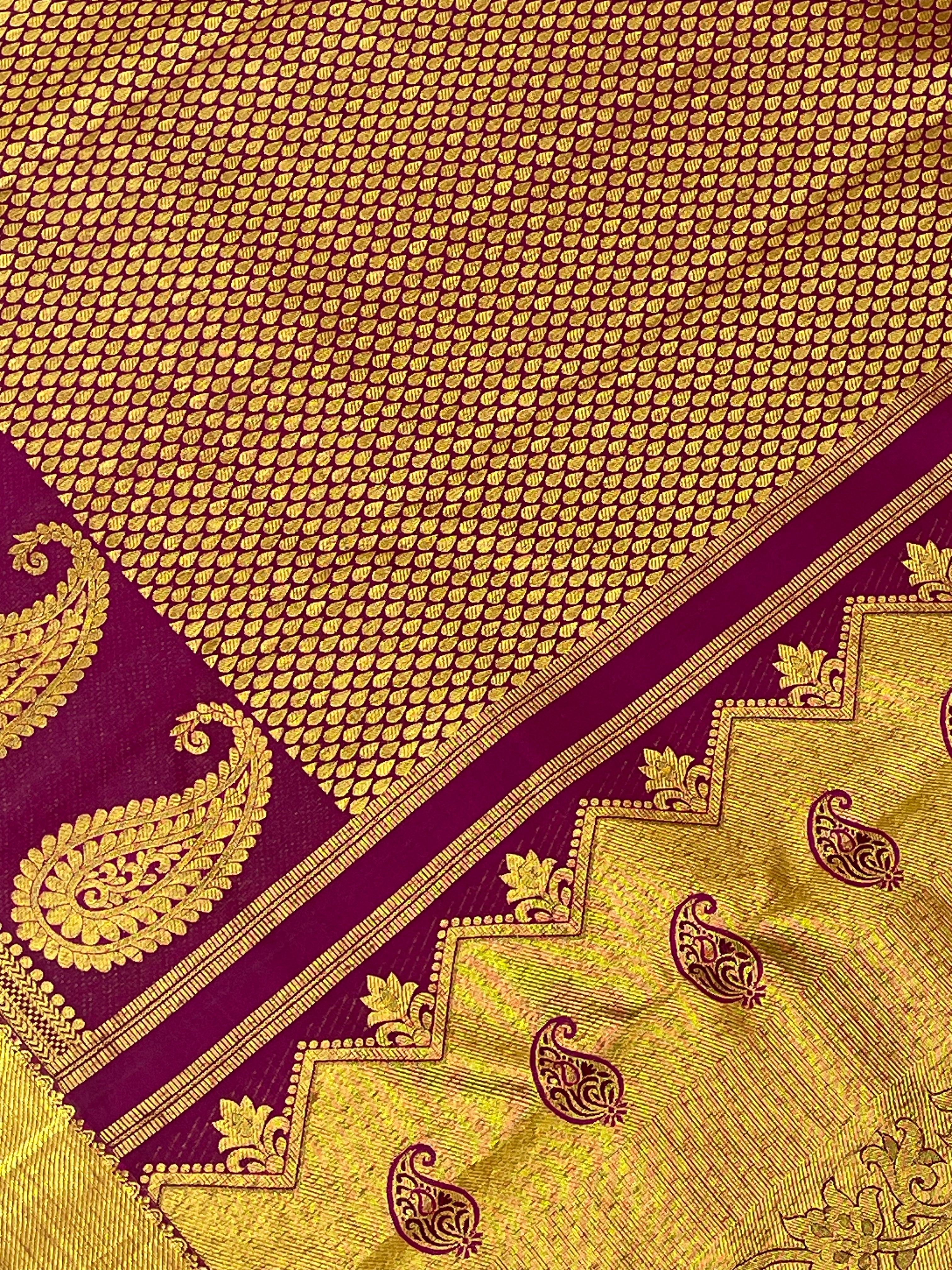 Elegant Dark Purple Pure Kanchi Silk Saree with Gold Zari Work & Tassels for Women | Traditional Indian Bridal & Party Wear | Perfect for Weddings, Festivals & Special Occasions