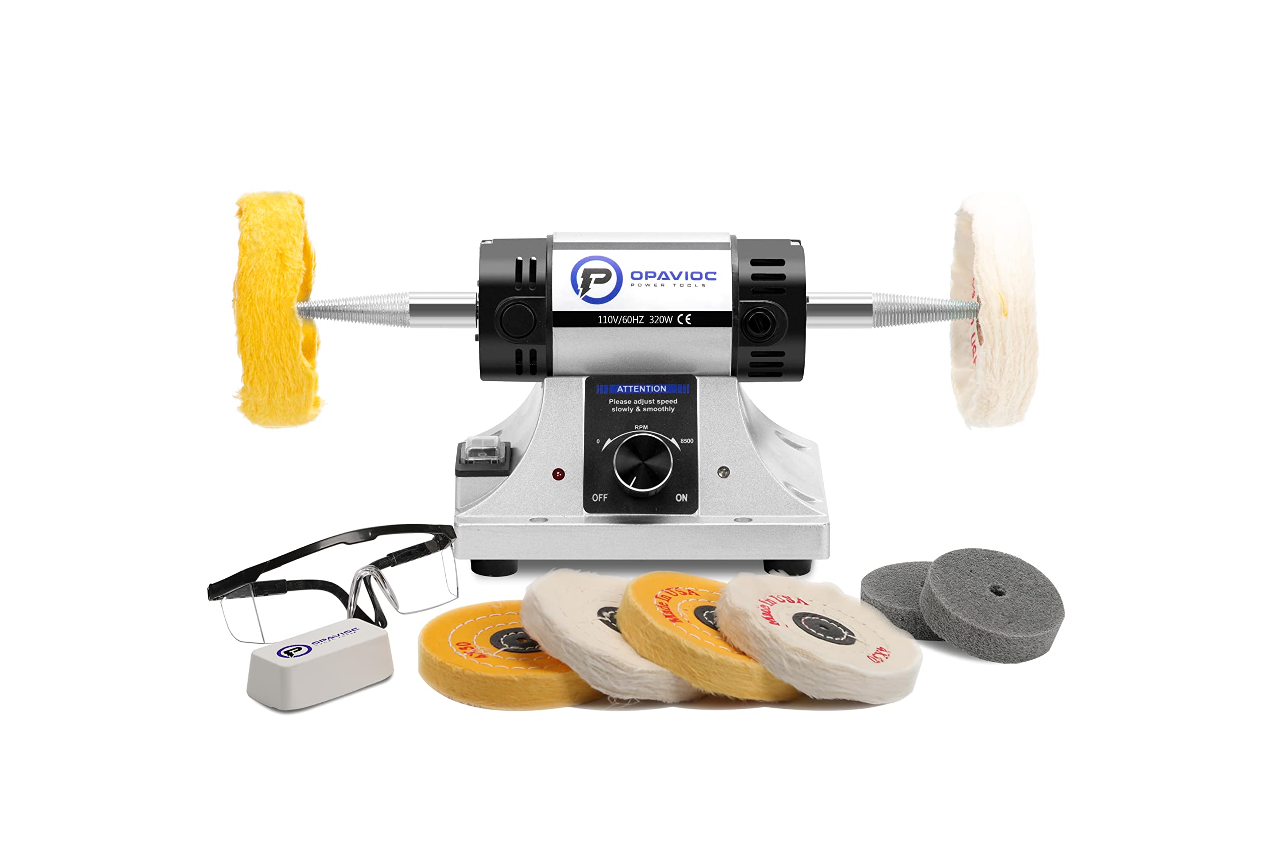 Professional Jewelry Polishing Machine - Adjustable Speed Bench Grinder for Buffing & Polishing with 6 Cloth Wheels & 2 Abrasive Fiber Wheels - Perfect for Jewelry Making, Dental Tools, Metal Craft & DIY Projects - Includes Safety Glasses & Polish Compound
