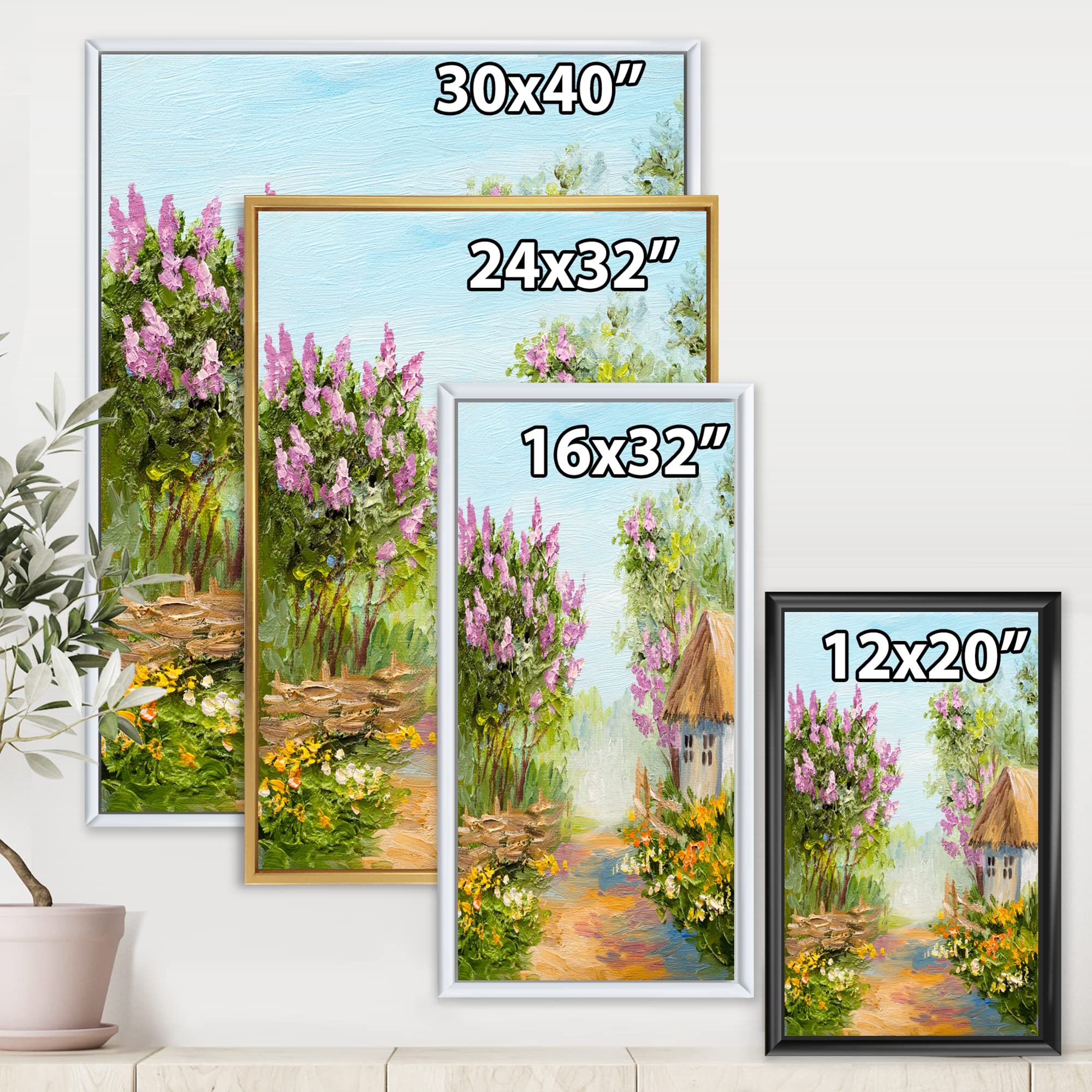 DesignQ Little House In The Blossoming Forest - Lake House Framed Canvas Wall Art Print - Nature Inspired Home Decor for Living Room, Bedroom & Office