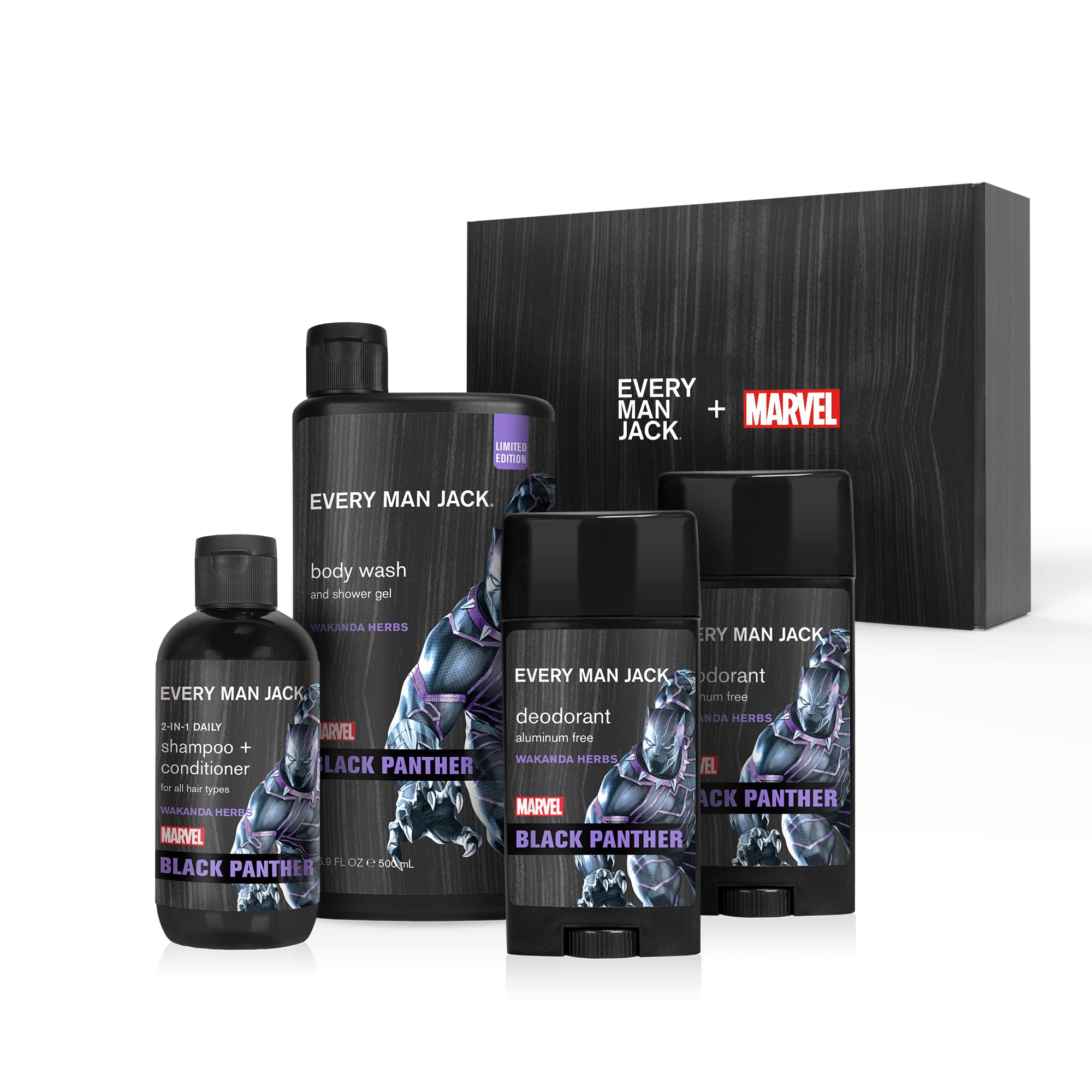 Every Man Jack Black Panther Body Wash & Shampoo Set with Deodorant 2-Pack - Natural Ingredients, Fresh Scents for Men | Marvel-Themed Gifts for Him | Perfect for Shower, Gym & Daily Skincare Routine (WSS6-B1067)