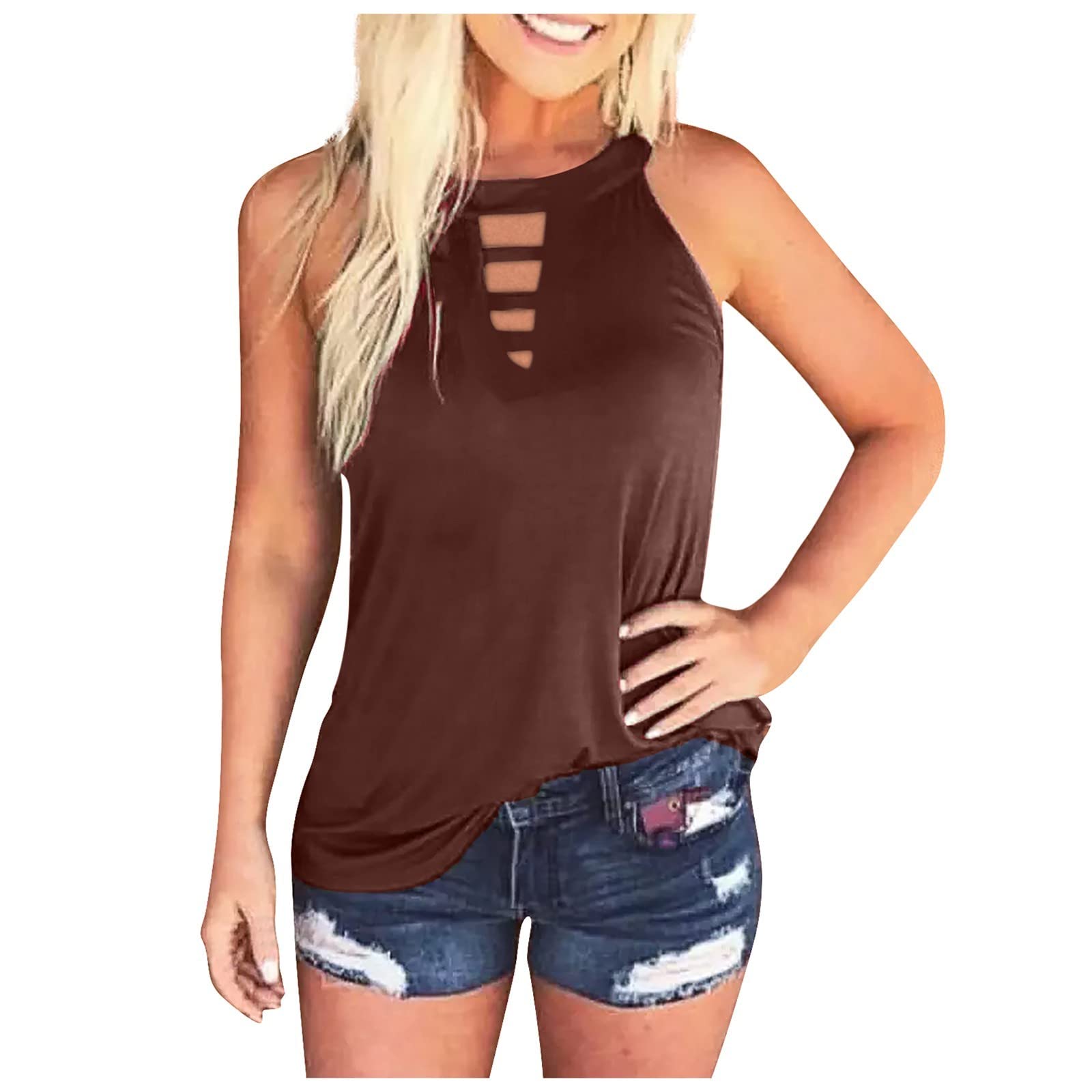 Women's Solid Color Keyhole Neck Halter Sleeveless Tank Tops - Casual Summer Blouses for Beach, Yoga & Everyday Wear