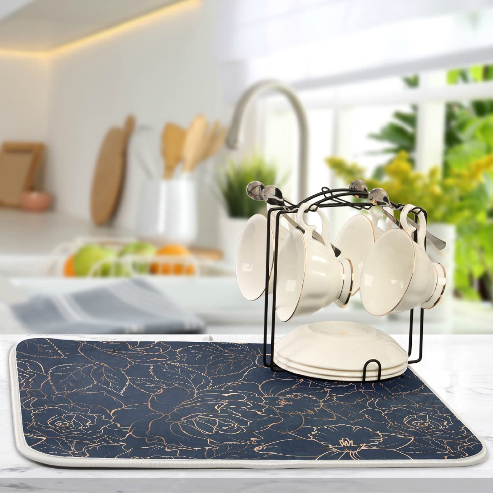 Premium Microfiber Dish Drying Mat 18x16 Inch - Absorbent Kitchen Counter Mat with Floral Design (Golden Rose/Peony/Daffodil) - Non-Slip Drying Pad for Dishes, Utensils & Cookware - Perfect for Kitchen Sink, Countertop & Dining Table Use