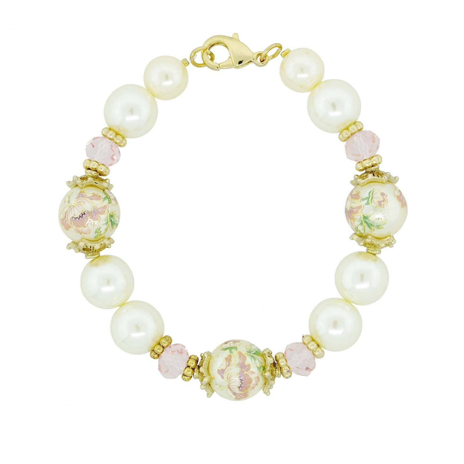 1928 Vintage Floral Pearl Bracelet with Pink Crystals - Elegant Costume Jewelry for Women, Perfect for Weddings, Parties & Special Occasions