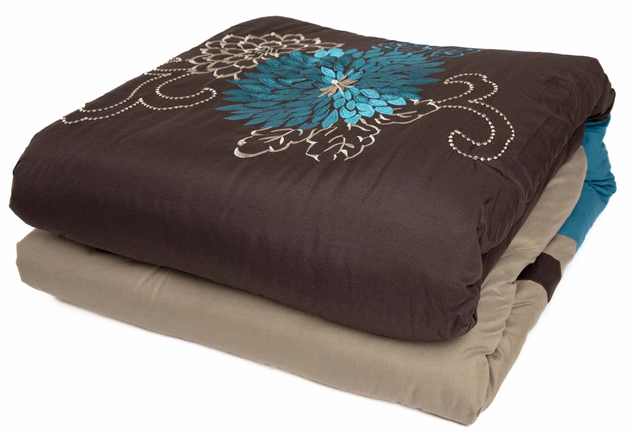 Legacy Decor Floral Striped Comforter Set - Twin, Brown Teal Taupe for Cozy Bedroom Decor