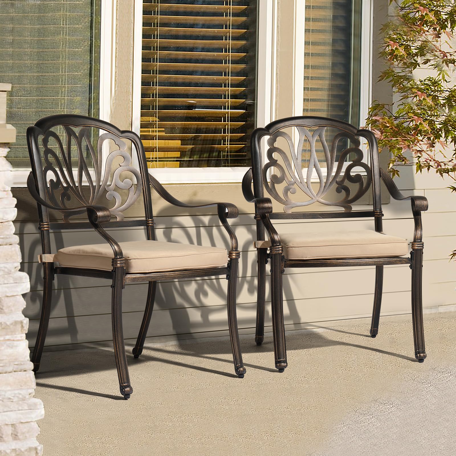VINGLI 2-Piece Aluminum Outdoor Dining Chairs Set - Patio Furniture with Cushions for Backyard, Poolside, Balcony, Garden - Bronze Cast Aluminum Chairs for Relaxing & Entertaining Guests