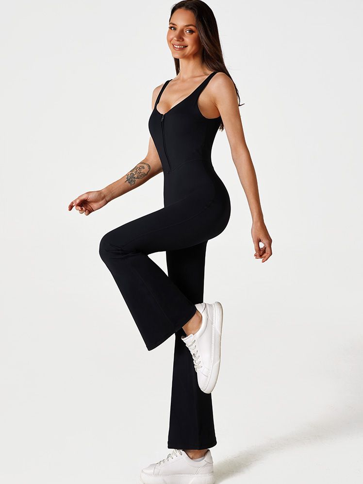 ZASUWA Women's Solid Color Zipper Flare Seamless Jumpsuit - Stylish One-Piece Romper for Casual Wear, Night Out & Party Outfits
