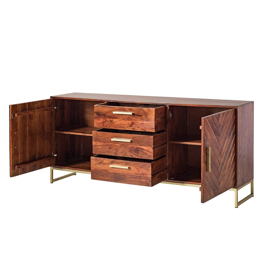 Gfine Solid Acacia Wood Sideboard - 2 Doors & 3 Drawers, 150x40x76cm - Perfect for Living Room Storage & Dining Room Organization