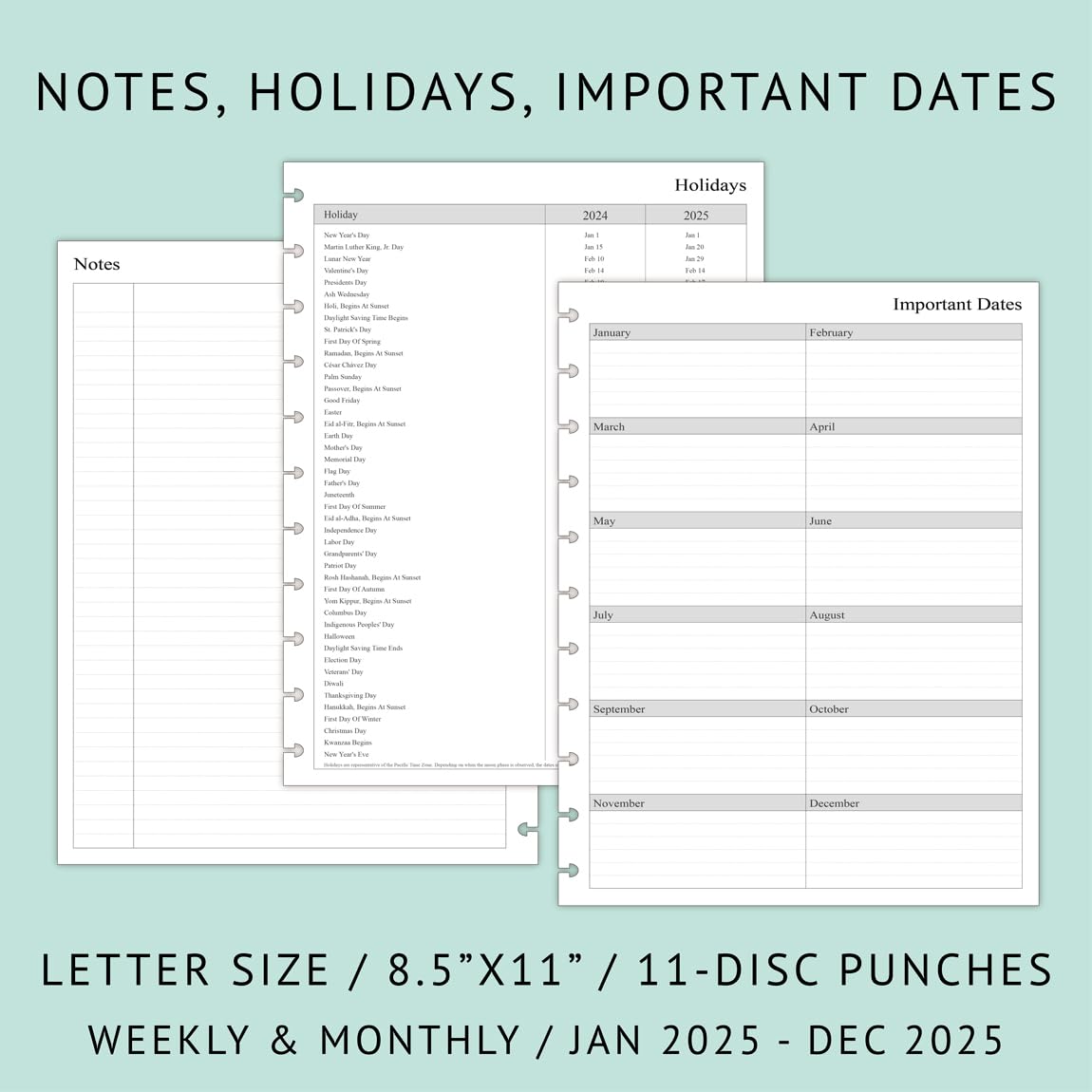2025 Weekly Planner Refills for 11-Discbound Notebooks - Monthly Tabs, Letter Size 8.5