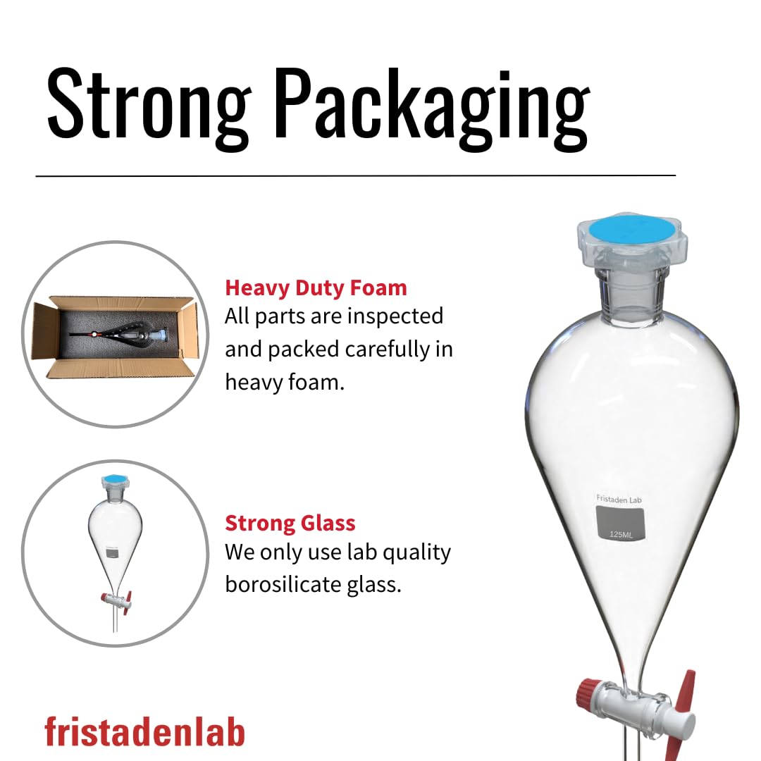 Premium 125 mL Borosilicate Glass Separatory Funnel with PTFE Stopcock Valve | 24/29 Joint Size | Lab-Grade Chemical Separation Equipment | Ideal for Organic Chemistry, Essential Oil Extraction & Liquid-Liquid Separation (125ml, Clear)