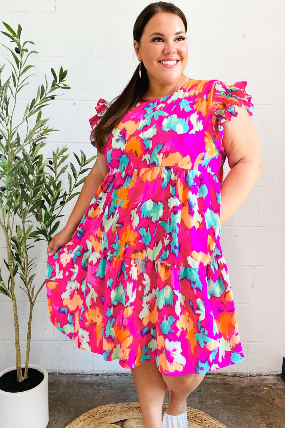 Look of Love Fuchsia Abstract Floral Print Smocked Ruffle Sleeve Dress for Women | Elegant Party & Wedding Guest Outfit
