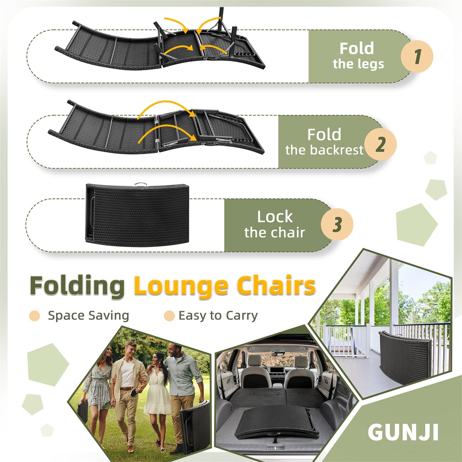 GUNJI 3-Piece Outdoor Wicker Lounge Chair Set with Adjustable Chaise & Side Table - Beige Patio Furniture for Poolside, Deck, Lawn, Garden & Backyard Relaxation