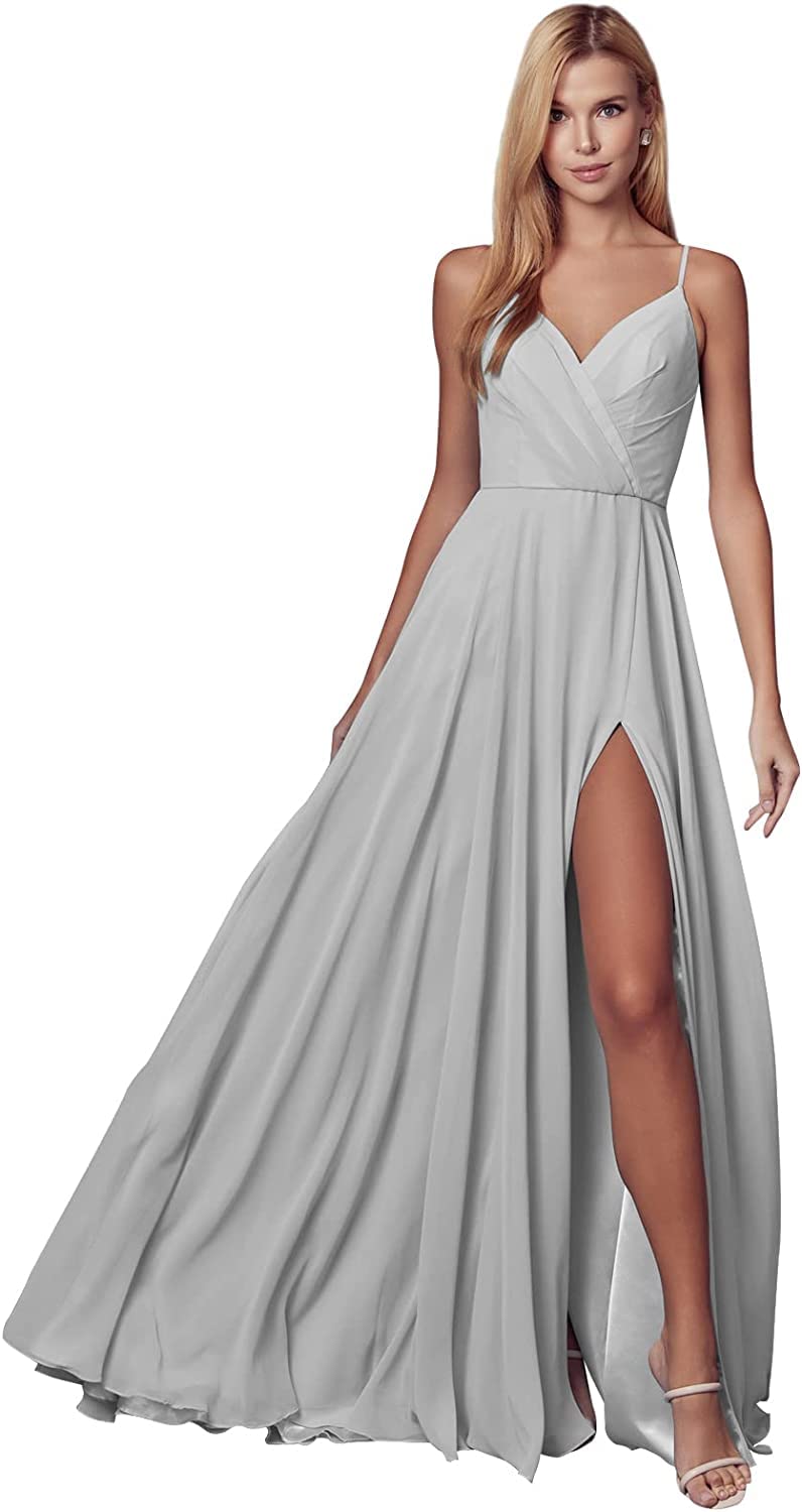 HEFANATI Women's V-Neck Bridesmaid Dress Long A-Line Chiffon Formal Evening Gown with Pockets for Wedding, Party, Prom & Special Occasions