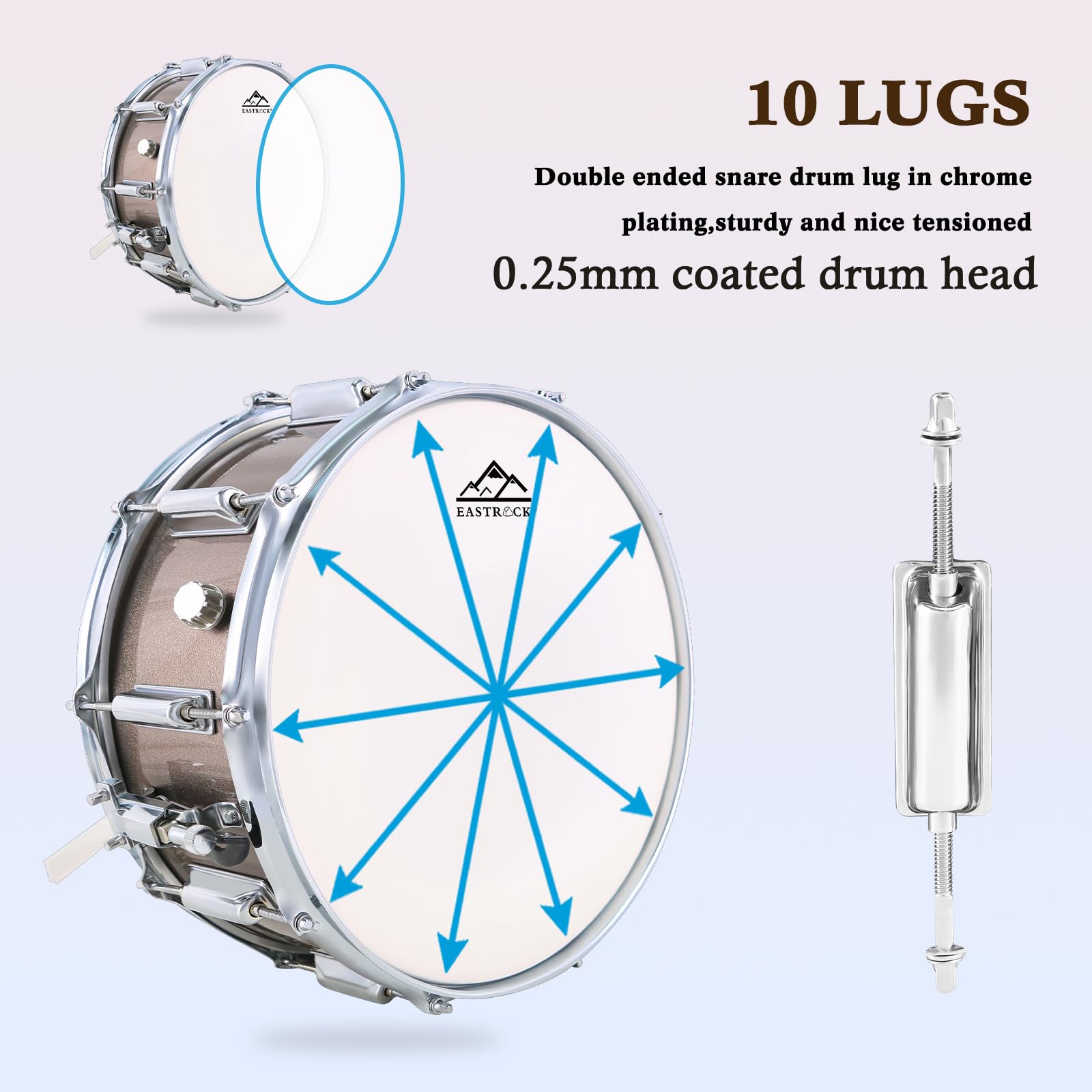 EASTROCK 14x5.5 Inch Snare Drum Set for Beginners - Includes Gig Bag, Drumsticks, Stand, Drum Keys & Coated Head - Champagne Finish - Perfect for Student Practice, School Bands & Home Music Studio