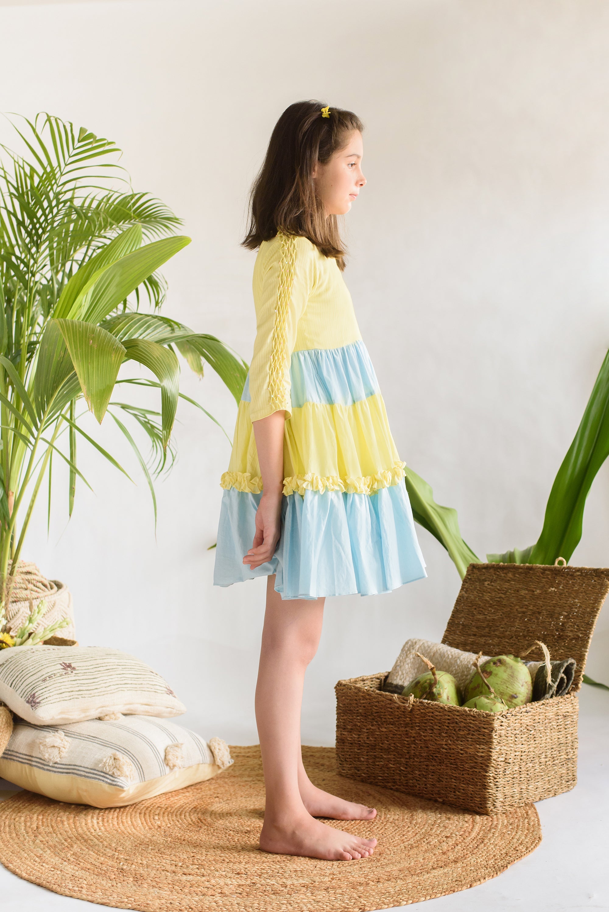 Blue & Yellow Organic Cotton Tiered Dress for Girls | Breathable Summer Outfit | Perfect for Beach Vacations, Birthday Parties & Family Outings