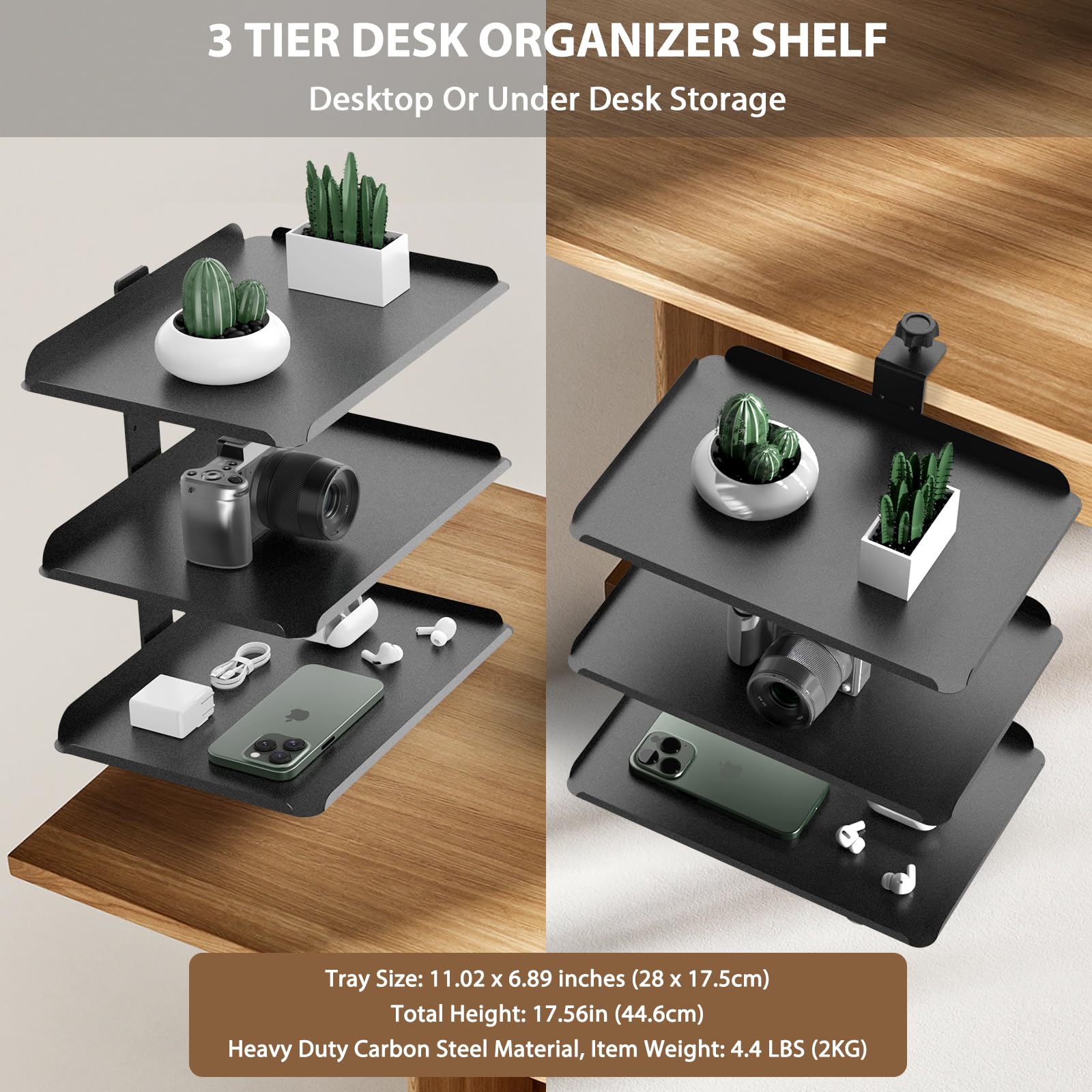3-Tier Adjustable Clamp-On Desk Shelf Organizer - Metal Storage Tray & Headphone Stand - No Drill Under Desk Extension Shelf for Home Office - Perfect for Organizing Office Supplies, Books & Accessories