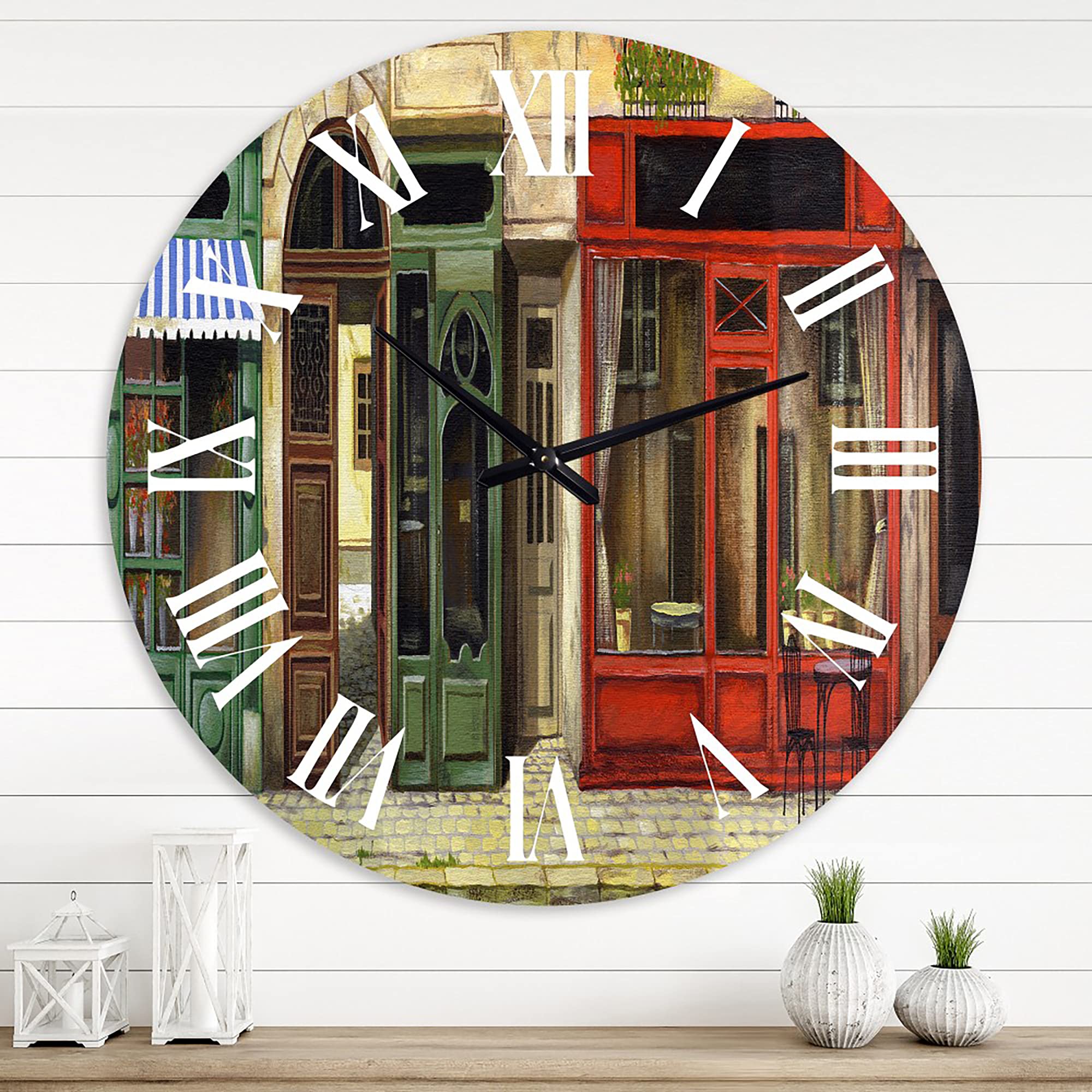 French Country Wall Clock - Red Facade of Charming Paris Shop II - Large Landscape Wall Decor for Living Room, Bedroom & Office - Vintage Parisian Style Home Decor