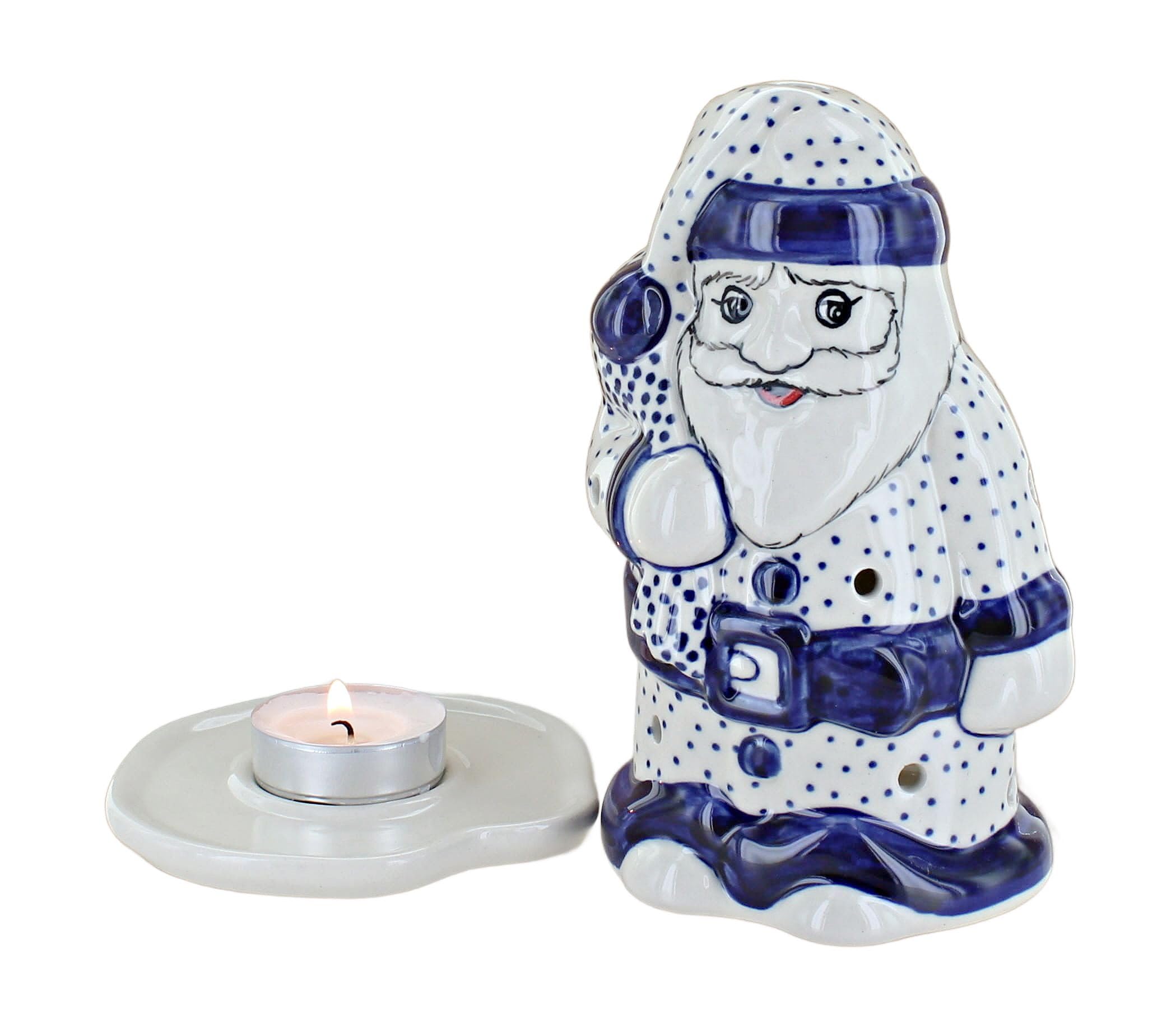 Blue Rose Polish Pottery Small Dots Santa Luminary - Handmade Ceramic Christmas Candle Holder for Holiday Decor, Gift & Table Centerpiece - Perfect for Fireplace Mantel, Windowsill & Festive Home Decor