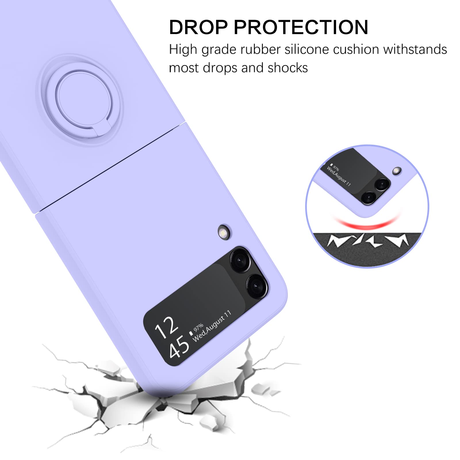 VENINGO Galaxy Z Flip 3 Case - Slim Silicone Protective Cover with Non-Slip Grip & Kickstand for Samsung Z Flip 3 5G (6.7 Inch) - Shockproof Bumper Phone Case for Women & Men - Lavender Purple - Perfect for Daily Use, Travel & Work Protection