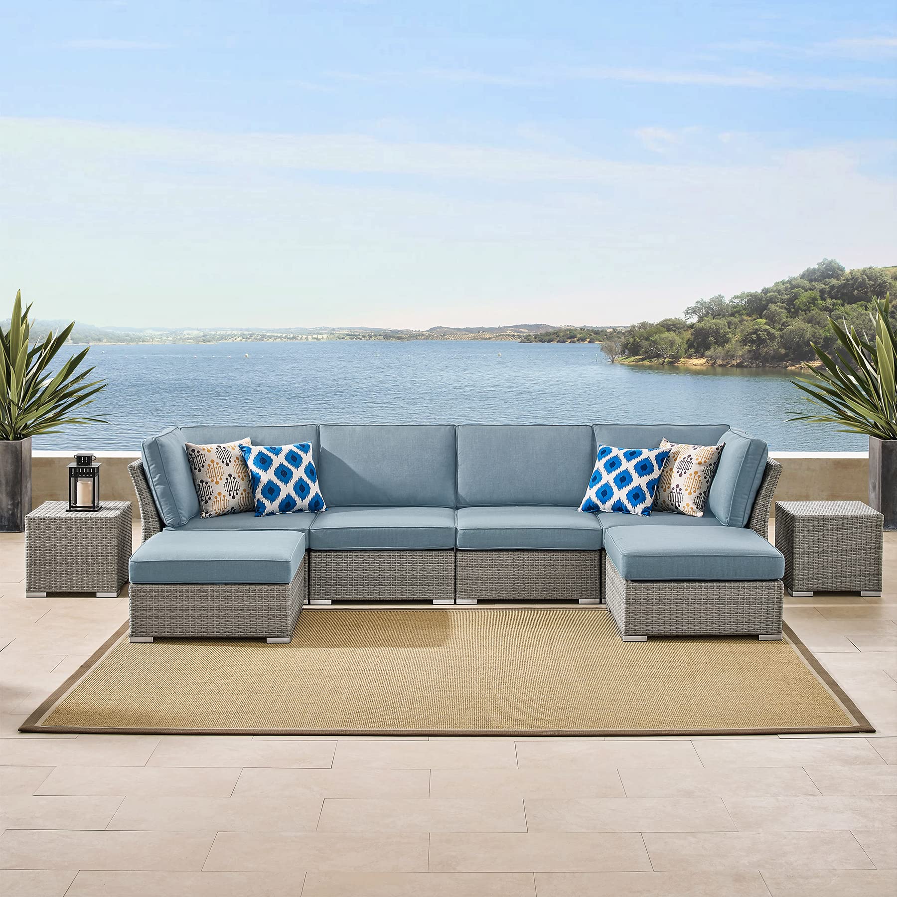 Premium 8-Piece Outdoor Wicker Furniture Set - 6-Seater Patio Sofa with Thick Cushions, 4 Seats, 2 Ottomans & 2 Coffee Tables - All-Weather Rattan Deck Conversation Set for Backyard, Garden, Poolside & Patio Relaxation