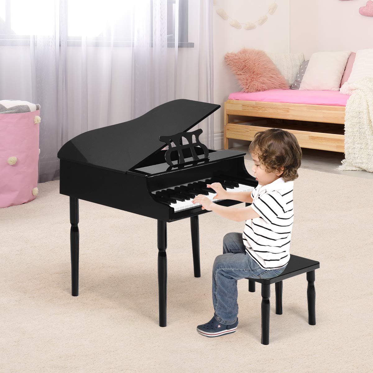 Costzon 30-Key Wooden Toy Grand Piano with Music Stand & Bench - Mini Musical Instrument for Kids, Ideal for Children's Room & Playroom - Perfect Birthday & Christmas Gift (Black, Straight Leg) - Encourage Early Music Education & Creative Play